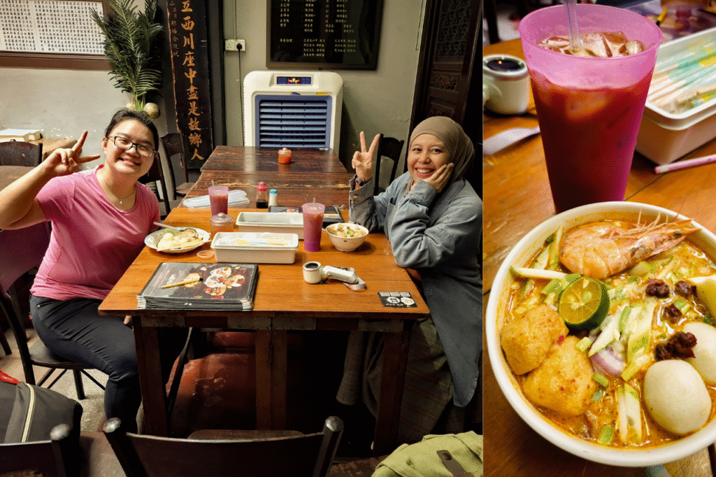 Septinda, travel storyteller di onedayoff.id bersama Jenifer makan siang laksa di Famosa Kopitiam